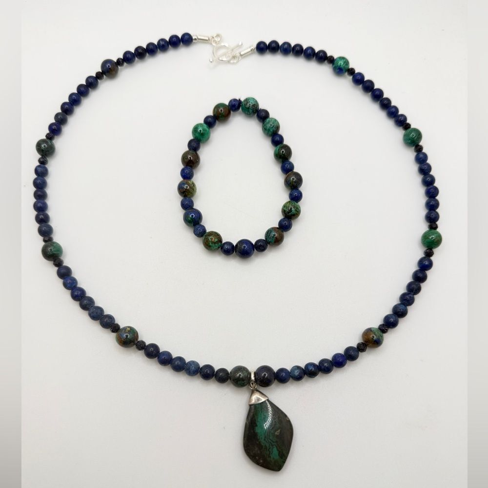 20" Azurite pendant, lapis‎ lazuli and sandstone accent beads necklace in 925!